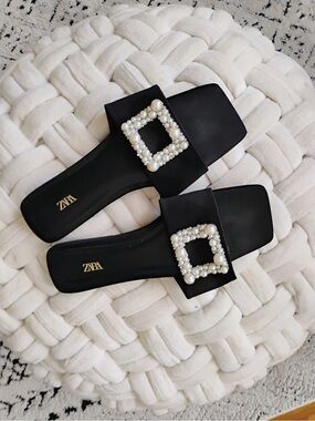 Zara Black Pearl-Buckle Slide Mules